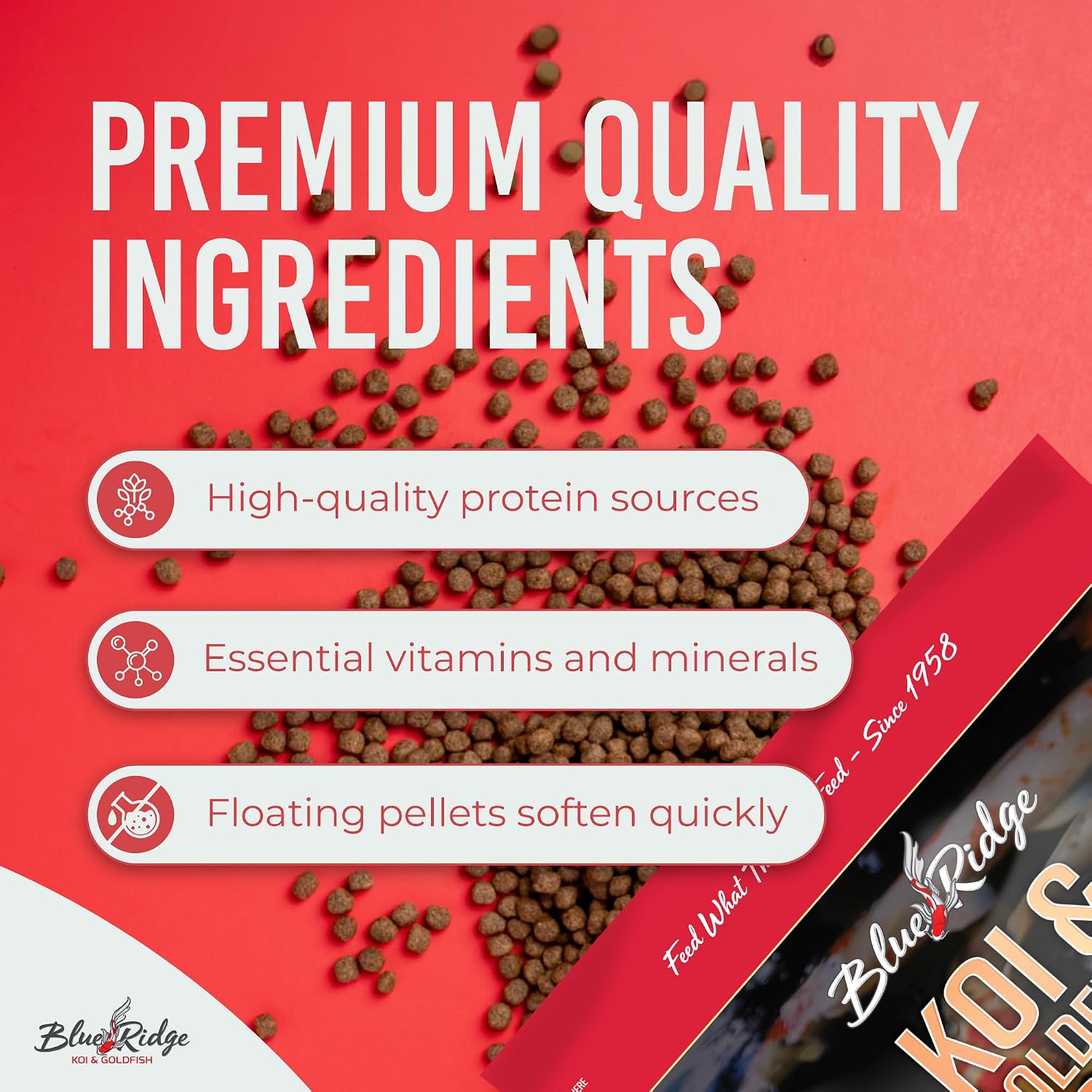 Blue Ridge Koi Fish Food, Growth Formula Mini, 1/8" Pellets, 5 lb | 36% Protein For Active Growth • Consistent 1/8"