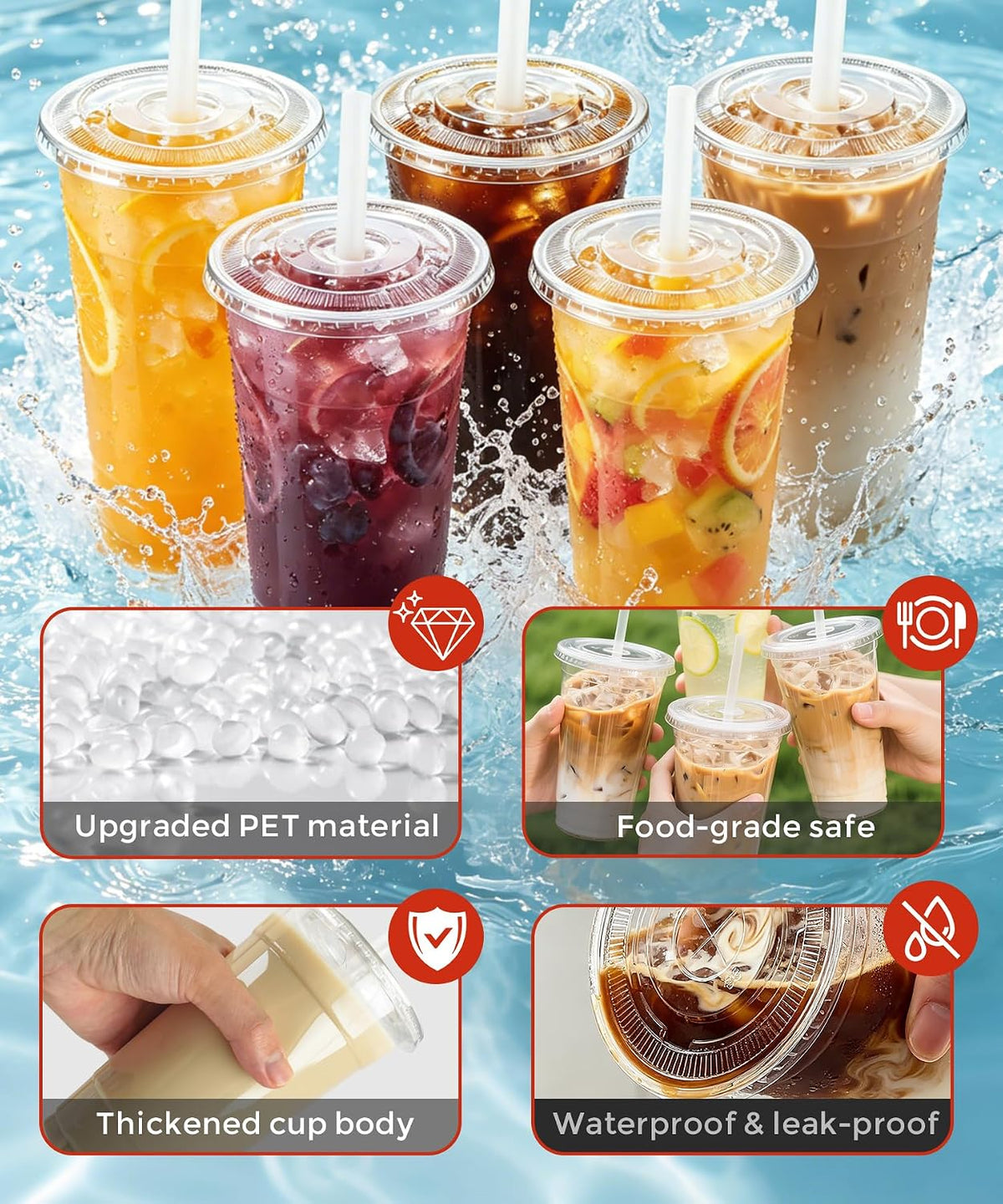 32 oz Clear Plastic To Go Cups with Lids and Straws