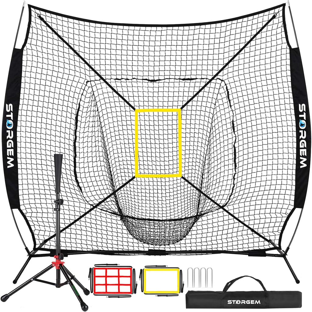 7x7 Baseball Softball Net with Tee, Strike Zone & Bow Frame | 7x7 Baseball Pitching Hitting Net with Strike Zone