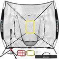 7x7 Baseball Softball Net with Tee, Strike Zone & Bow Frame | 7x7 Baseball Pitching Hitting Net with Strike Zone