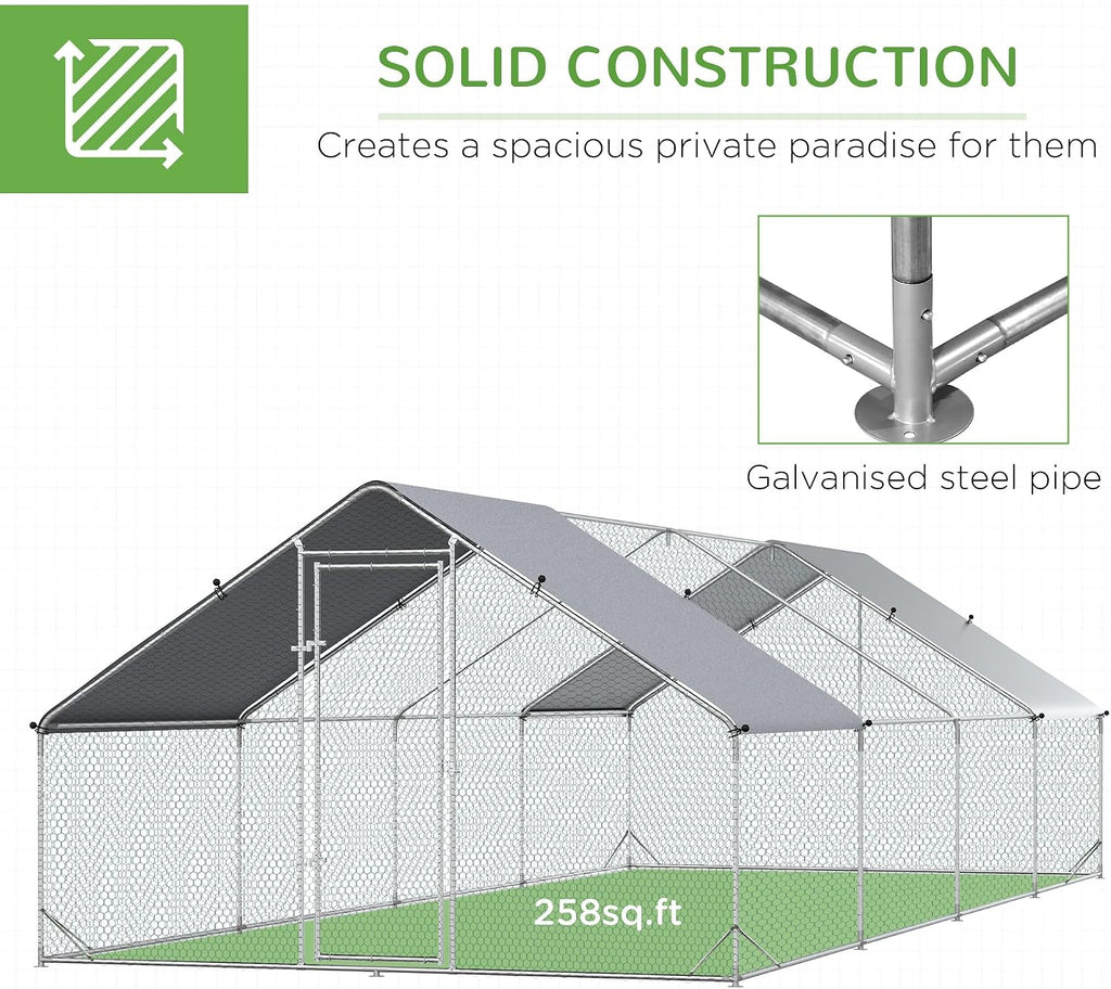 Large Chicken Coop Metal Chicken Run with Waterproof and Anti-UV Cover, Spire Shaped Walk in Fence Cage Hen House for