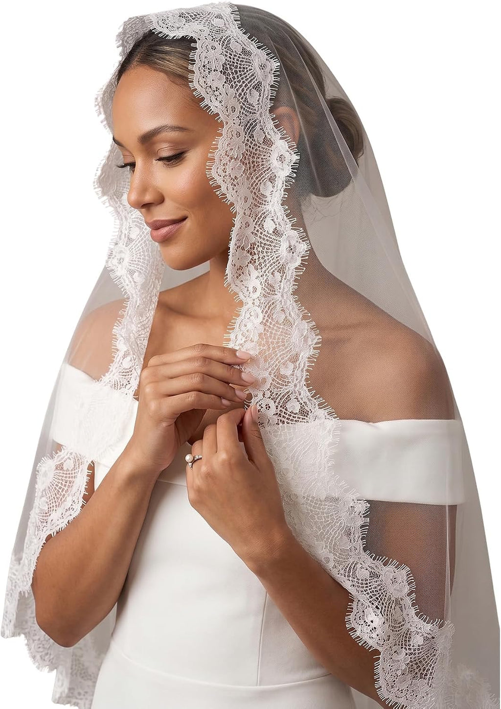 Mantilla Wedding Veil Full French Lace Edge Long Bridal Veil with Comb for Bride
