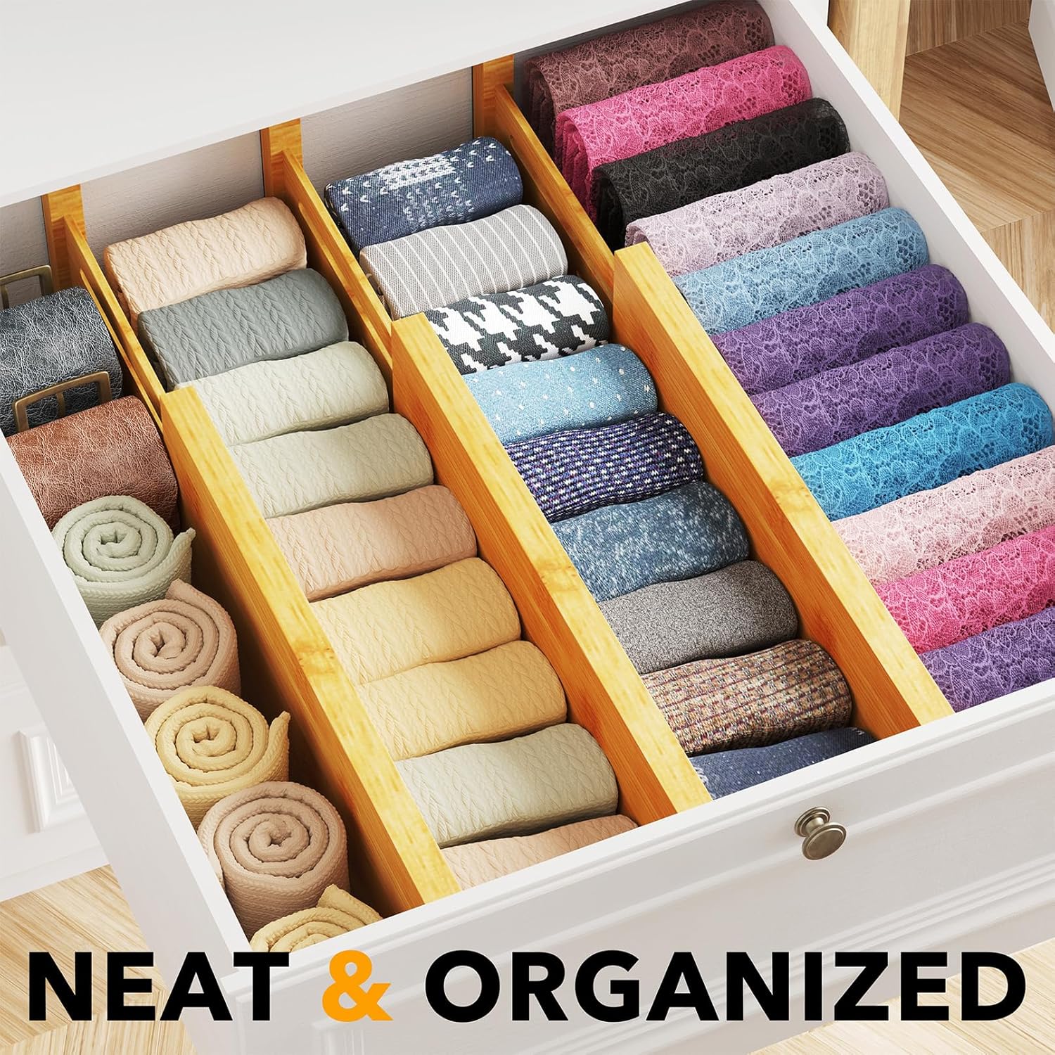 Bamboo Dresser Drawer Dividers 6 Pack, 4.65“ High Adjustable 12.5“-17” Drawer Organizers, Expandable Organization for
