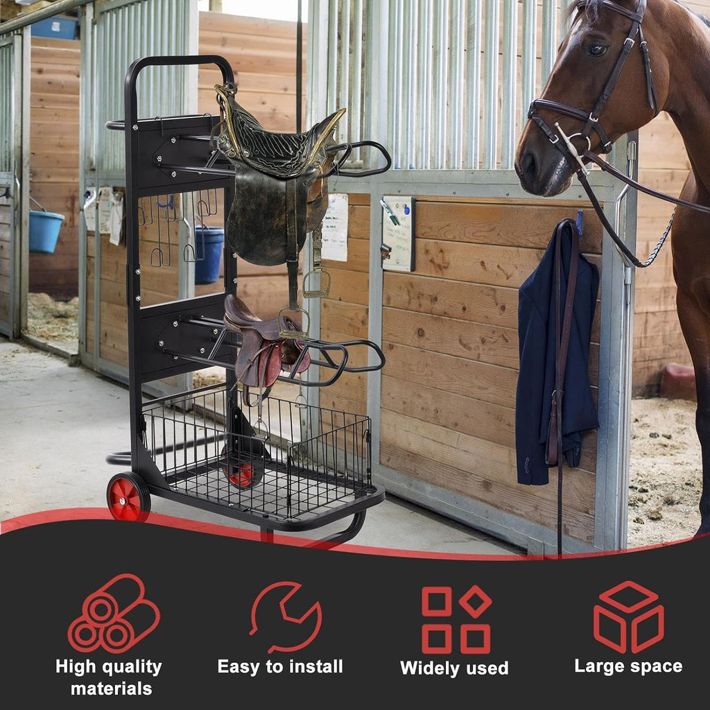 Saddle Rack Cart, Portable Saddle Stand with Wheels, 3 Tier Heavy Duty Horse Equipment Cart with Removable Saddles