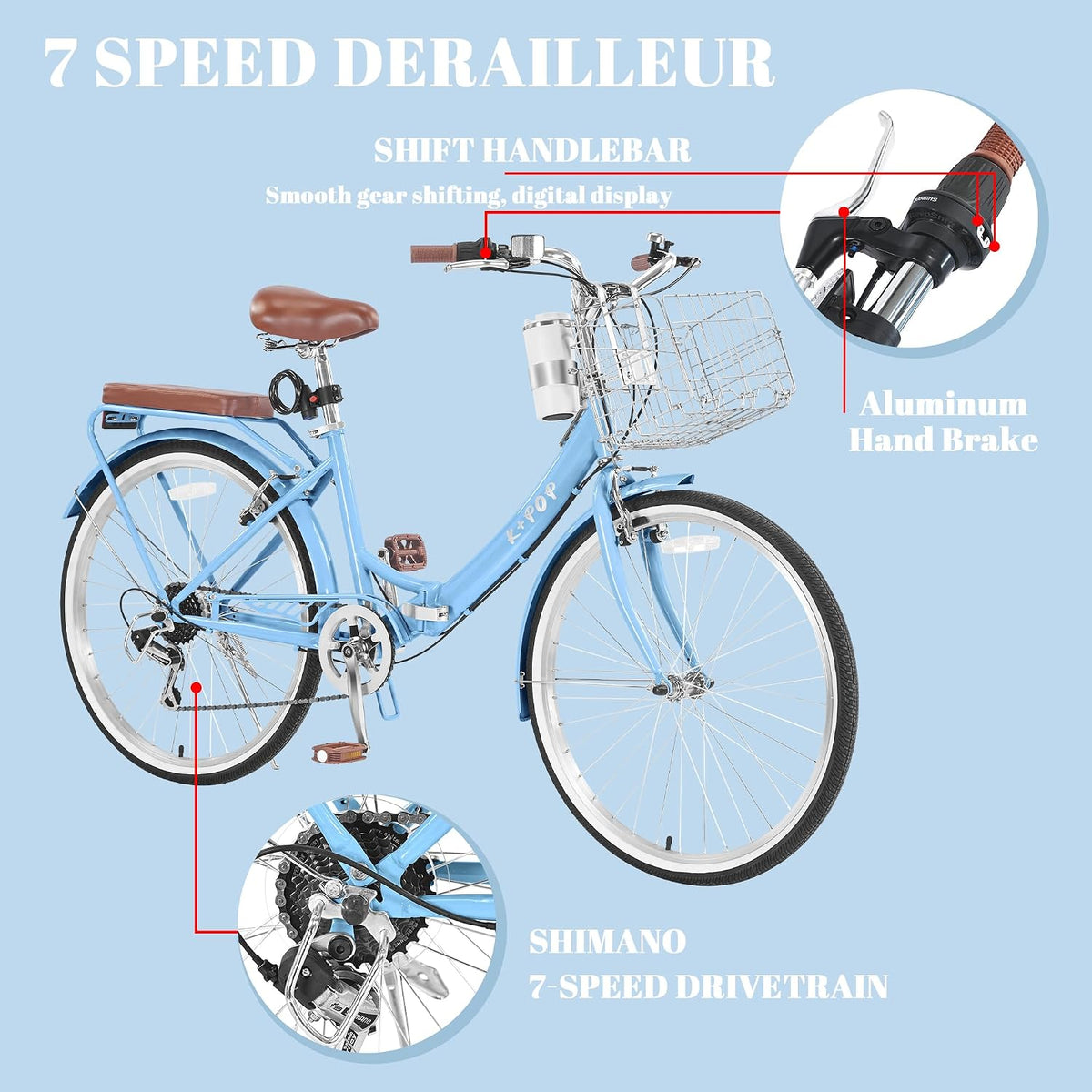 24/26 Inch Foldable Beach Cruiser Bike for Womens, 7 Speed Womens Bike with Basket and Coffee Cup, Commuting Bicycles