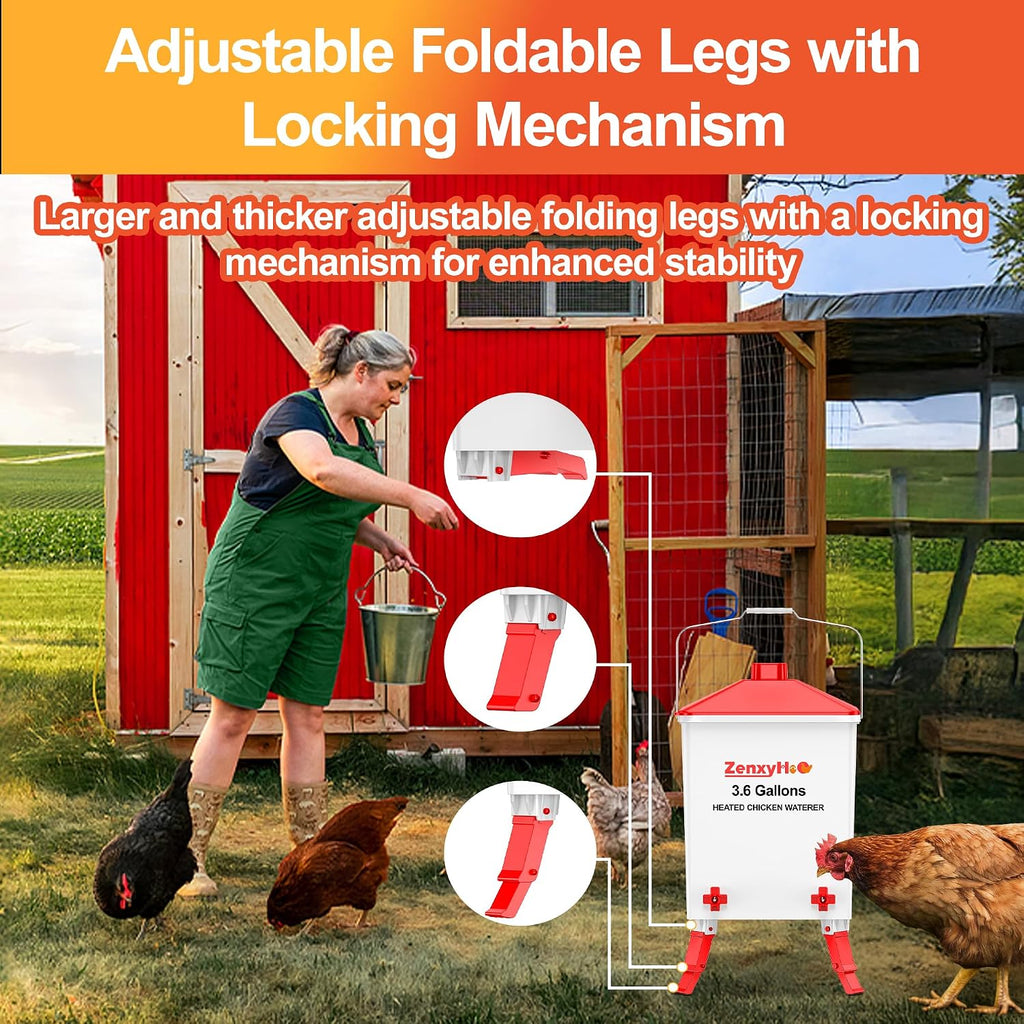 3.6 Gal Chicken Waterer with 4 Water Nipples - 3 Height Adjustable | Anti-roost Cone and Locking Legs Design
