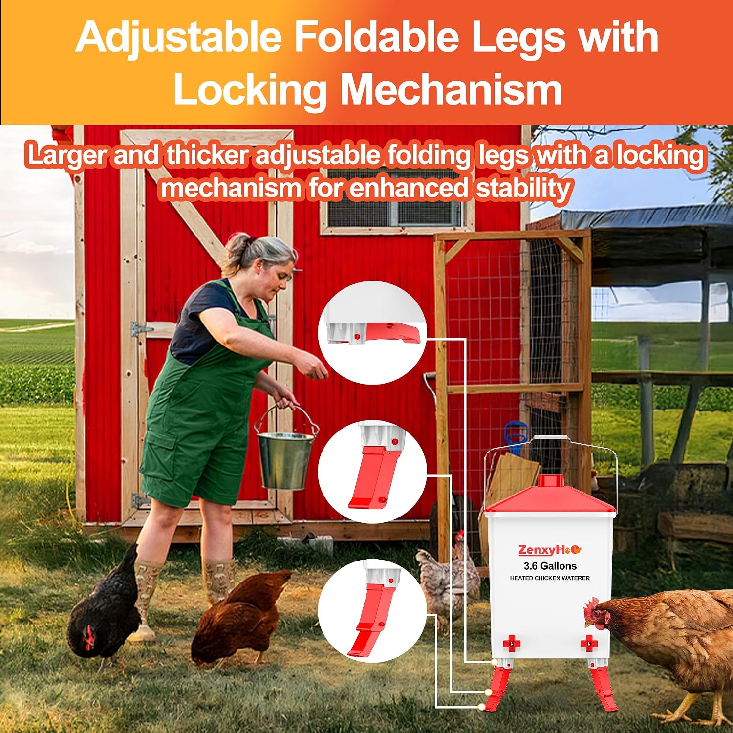 3.6 Gal Chicken Waterer with 4 Water Nipples - 3 Height Adjustable | Anti-roost Cone and Locking Legs Design