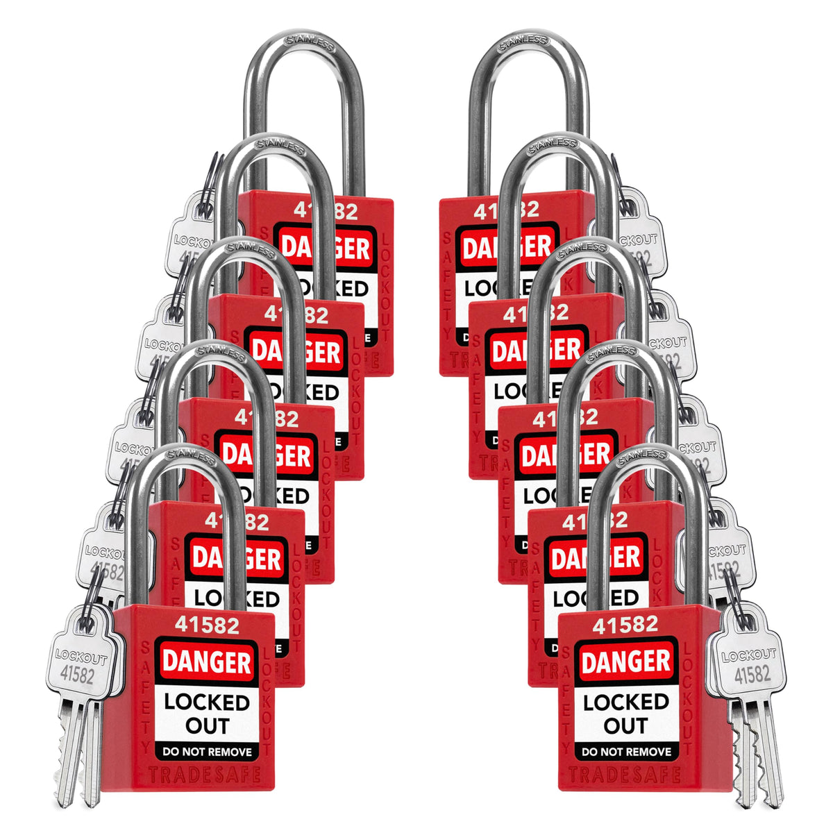 Lockout Locks, 10 Red Loto Locks Keyed Alike, 2 Keys Each