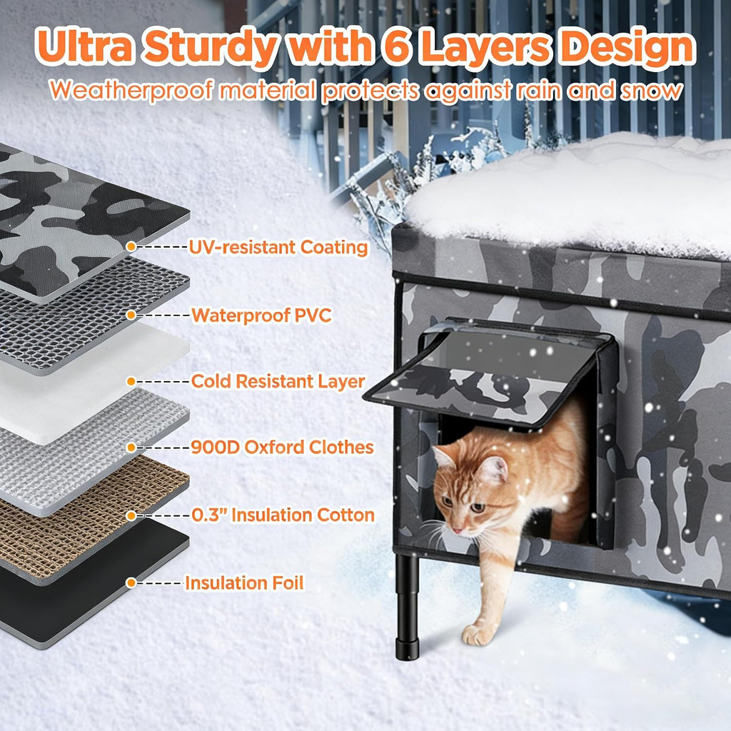 6 Layers Ultra Sturdy Cat Houses for Outdoor Cats, 100% Waterproof with 900D Oxford Fabric & Fully Insulated