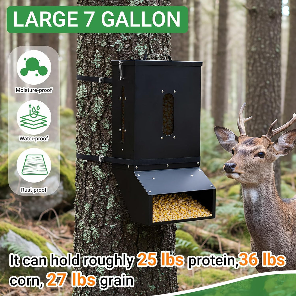 7 Galloon Gravity Deer Feeder, Heavy Duty Hanging Metal Deer Feeder Box with Automatic Dispenser Feeds Protein View