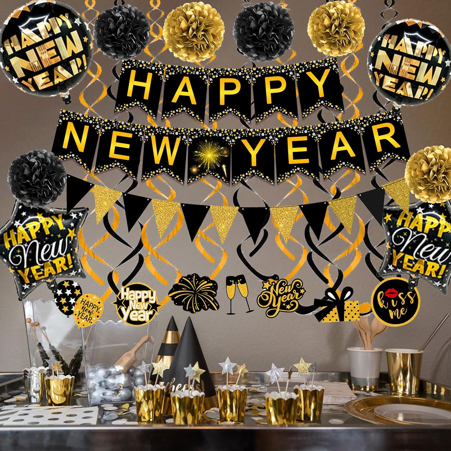 Happy New Year Paper Banner Triangle Flag Bunting Pom poms Swirls Streamers & Balloons for New year Party Decoration