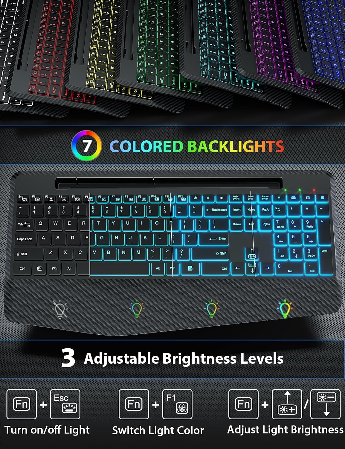 Wireless Keyboard and Mouse Combo, Backlit Scissor Keys, Wrist Rest | 7-Color Backlight, Phone Holder, Rechargeable