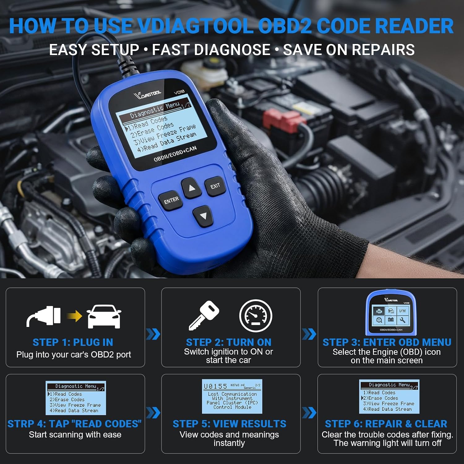 VD10 OBD2 Scanner Code Reader Car Diagnostic Tool Engine Fault Code Reader for Turn Off CEL with Freeze Frame/I/M