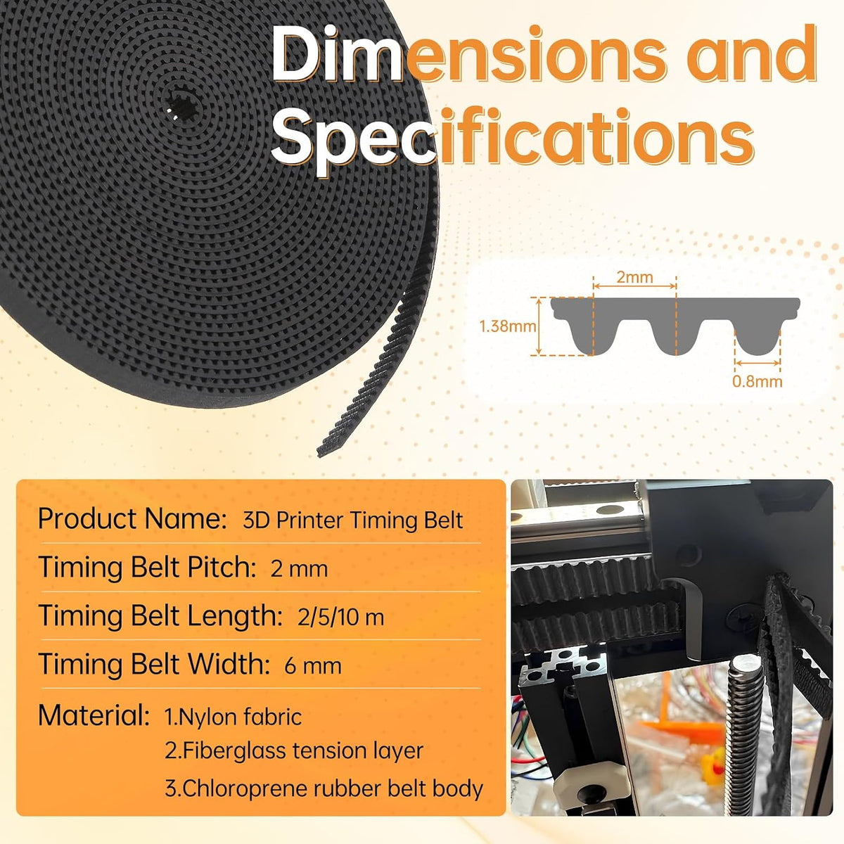 GT2 Timing Belt 5 Meters(16.5ft) Length Open Belt 2mm Pitch 6mm Width