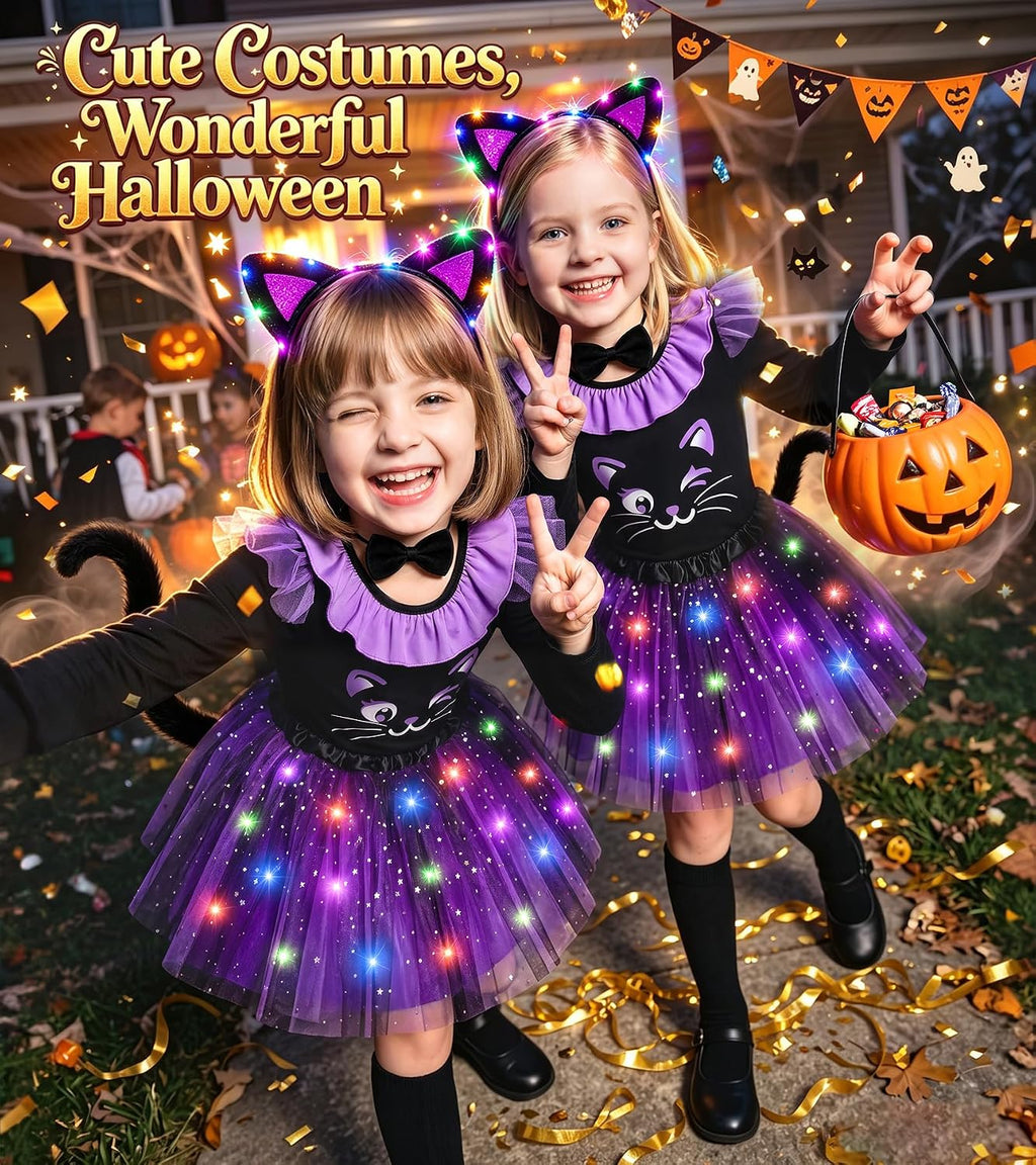 Black Cat Costume for Girls, Girls Halloween Costume Light Up Tutu Skirt