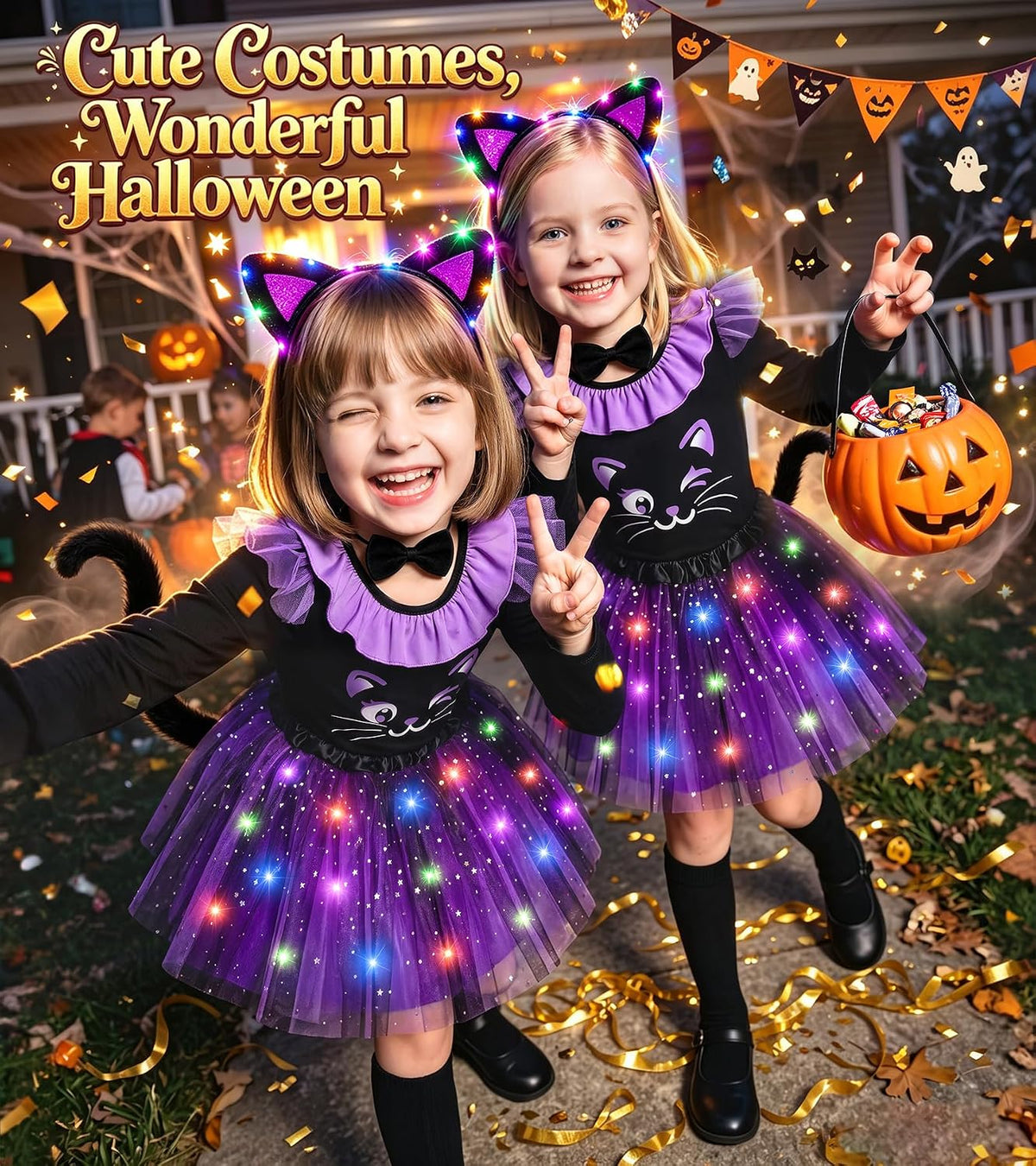 Black Cat Costume for Girls, Girls Halloween Costume Light Up Tutu Skirt