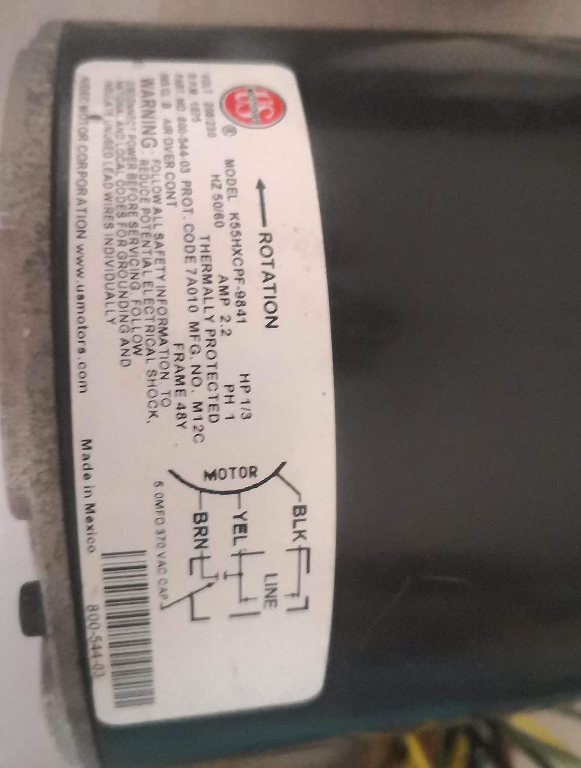 Us Motors Condenser Fan, 1/3 / 1/6 Hp, 1-Phase, 825 Rpm Motor, 5464
