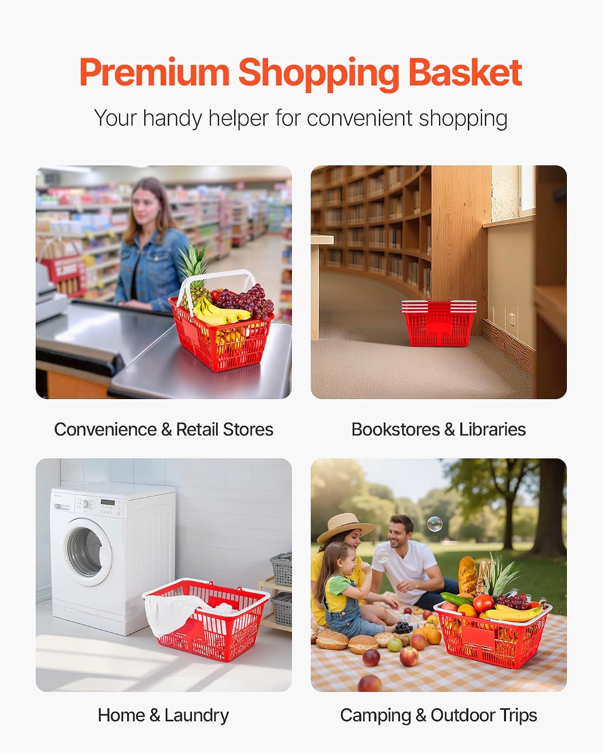 Shopping Baskets, 4 PCS, 21L Stackable PE Plastic Grocery Baskets with Handles, Dense Mesh Structure, Holds up to 20