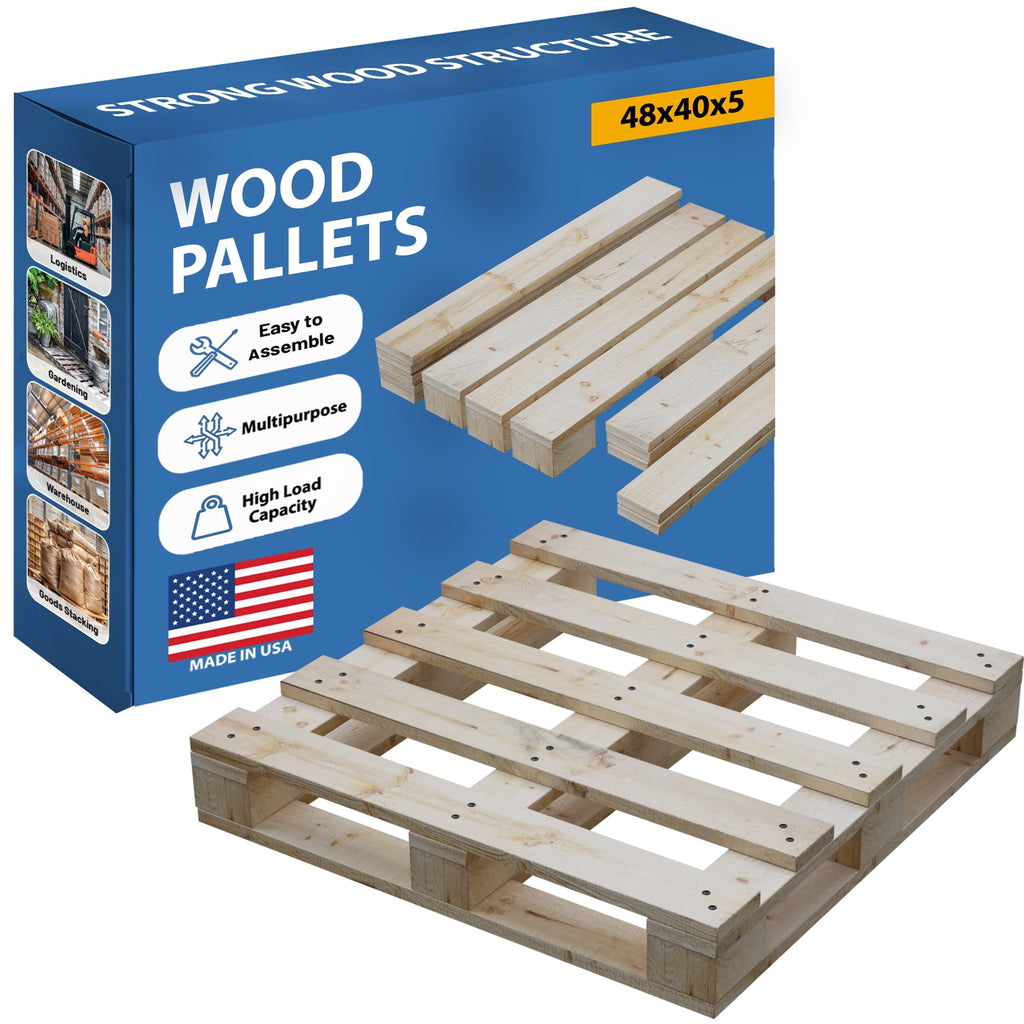 48x40x5 Wooden Pallet Kit, Heavy-Duty Industrial Grade Pinewood, Unassembled Flat-Pack, Stackable & Reusable