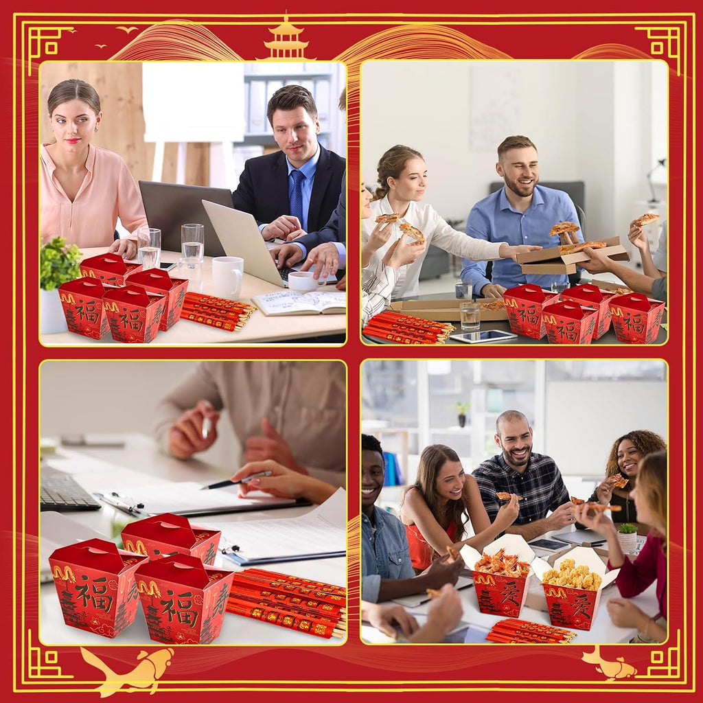 50 Sets Red Chinese Take Out Food Boxes with Chopsticks