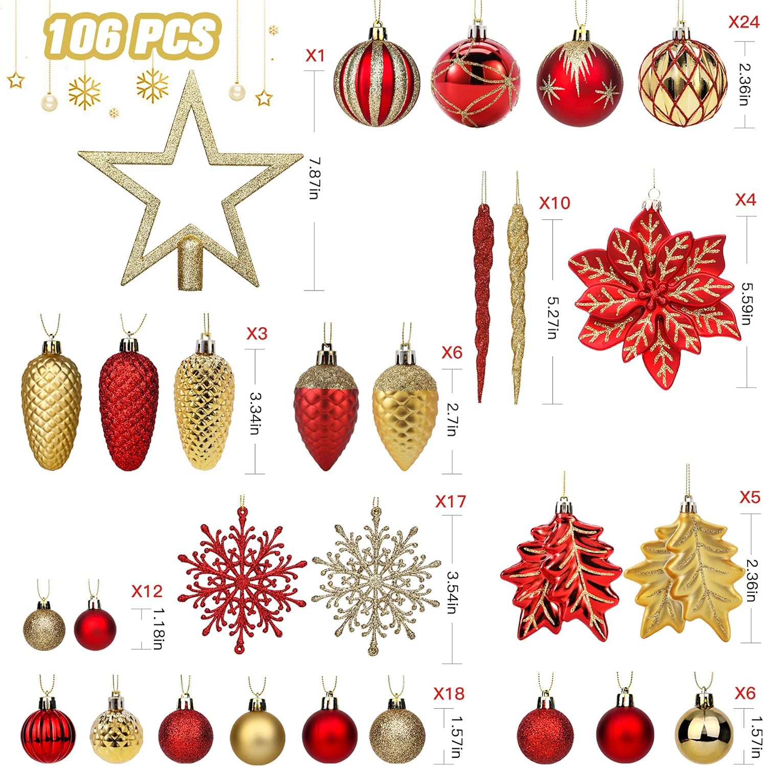 106 PCS Christmas Ball Ornaments for Christmas Tree Decorations | Colorful Shatterproof Plastic Baubles with Hanging
