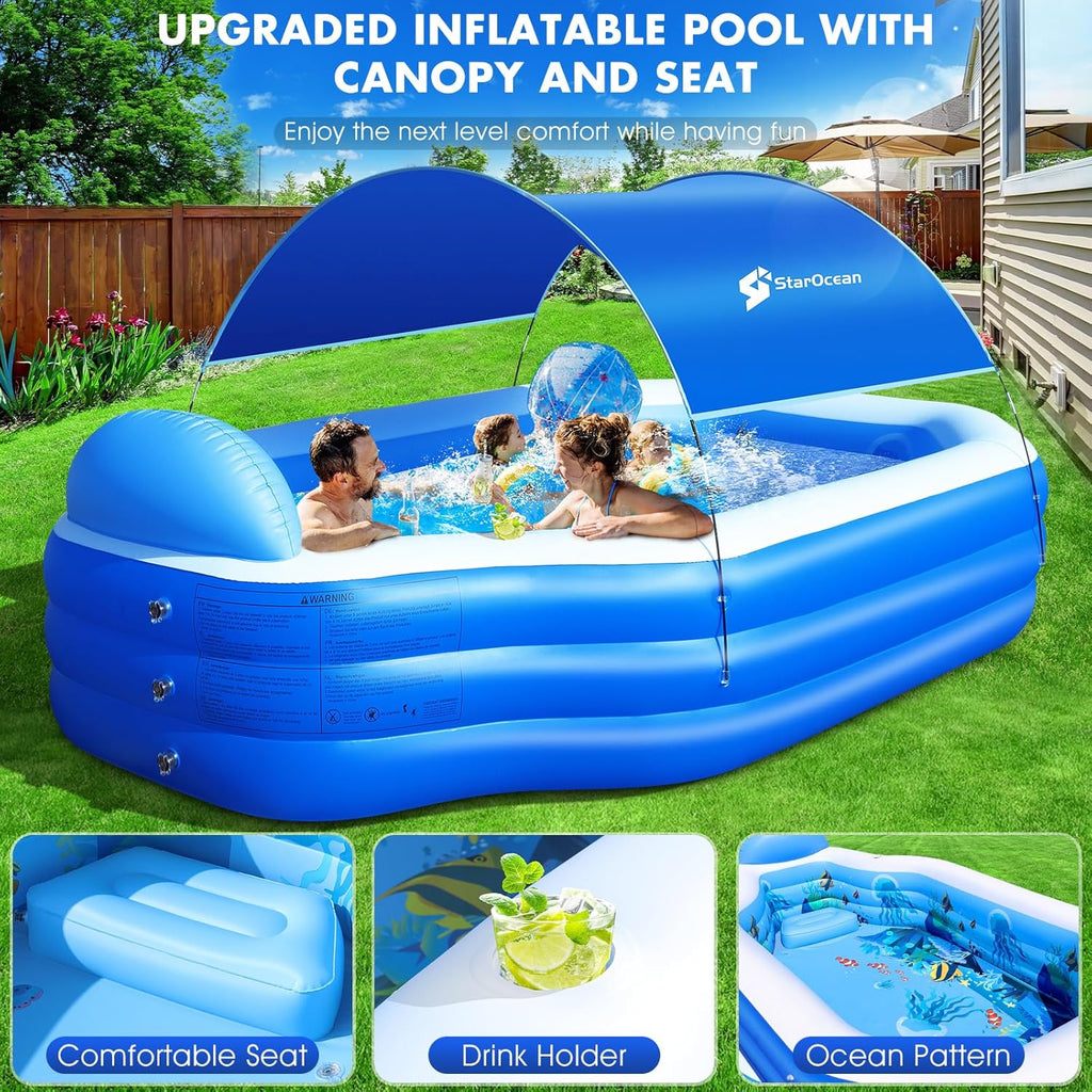 Inflatable Pool with Canopy, Large Inflatable Swimming Pool for Kids,Adult, Blow Up Pools with Seats,Backrest.Durable