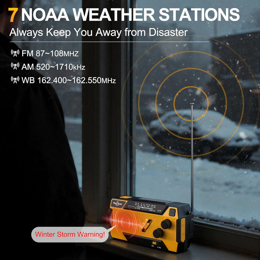 Hand Crank Emergency Radio 7400mWh (2000mAh) Solar Hand Crank Radio | Built in 3 Charging Cables AM/FM/NOAA Weather