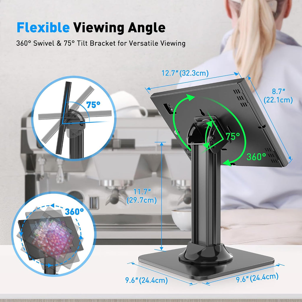 Anti-Theft iPad Kiosk Stand, POS iPad Security Stands, Aluminum Locking Tablet Stand with Heavy Duty Base, 360°