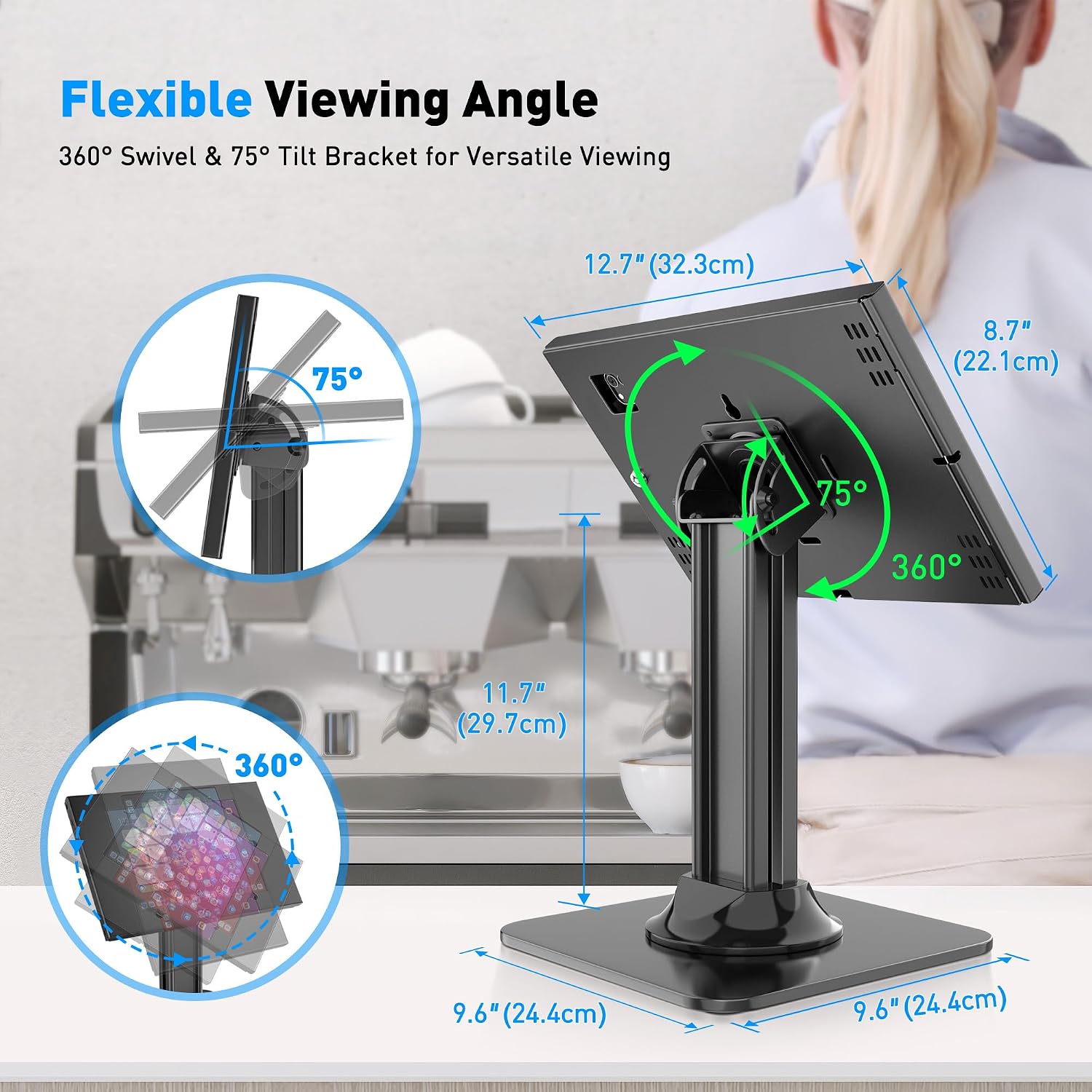 Anti-Theft iPad Kiosk Stand, POS iPad Security Stands, Aluminum Locking Tablet Stand with Heavy Duty Base, 360°