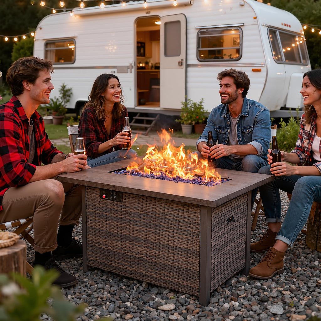 42-Inch Fire Pit Table, Rectangular Propane Fire Pit Table with Blue Stones, 50000 BTU Output