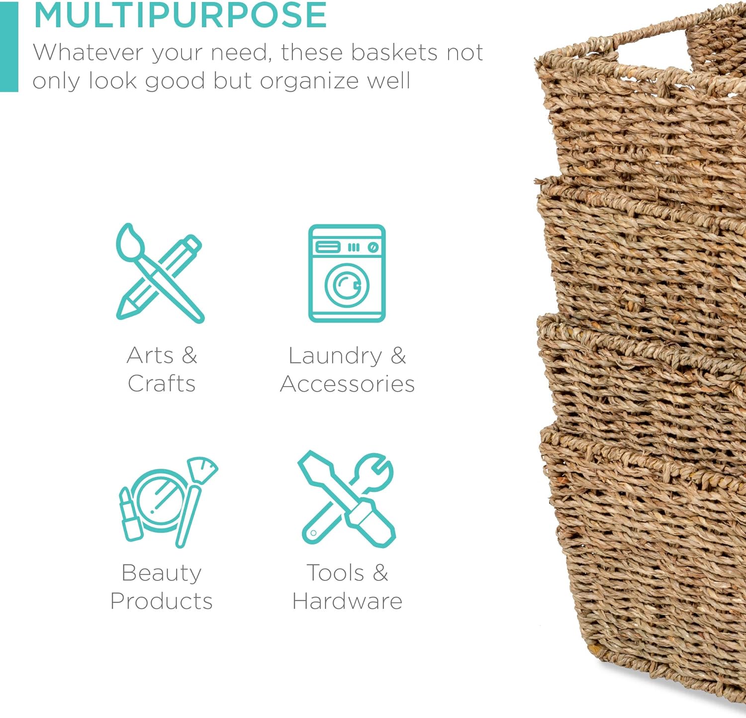 Rustic Set Of 4 Multipurpose Stackable Seagrass Storage Basket, Handwoven Laundry Organizer Totes for Bedroom and