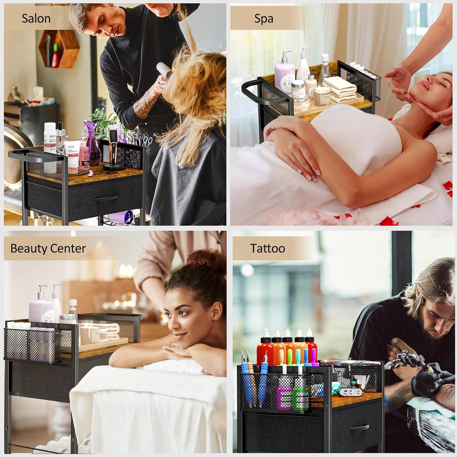 Salon Trolley Cart with Wheels, Mobile Hair Stylist Station with Metal Tool Holder & Basket, Rolling Barber Table