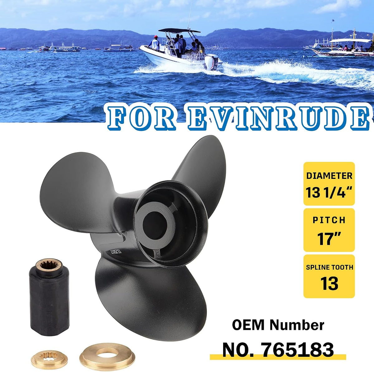 13 1/4x17 Upgrade Aluminum Boat Propeller for BRP,Johnson,Evinrude,OMC Stern Drive 40-140HP 13 Spline 13.25Diax 17Pitch Replace OEM 765183 Rh(Hub Kits Included)