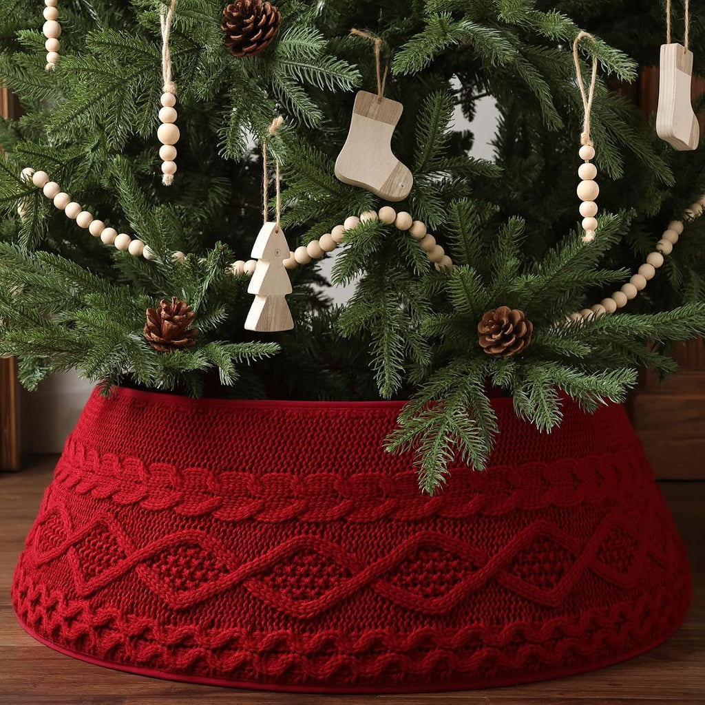 Knitted Christmas Tree Collar: Burgundy Cable Knit Styles Christmas Tree Collars for Artificial Trees, Crossed