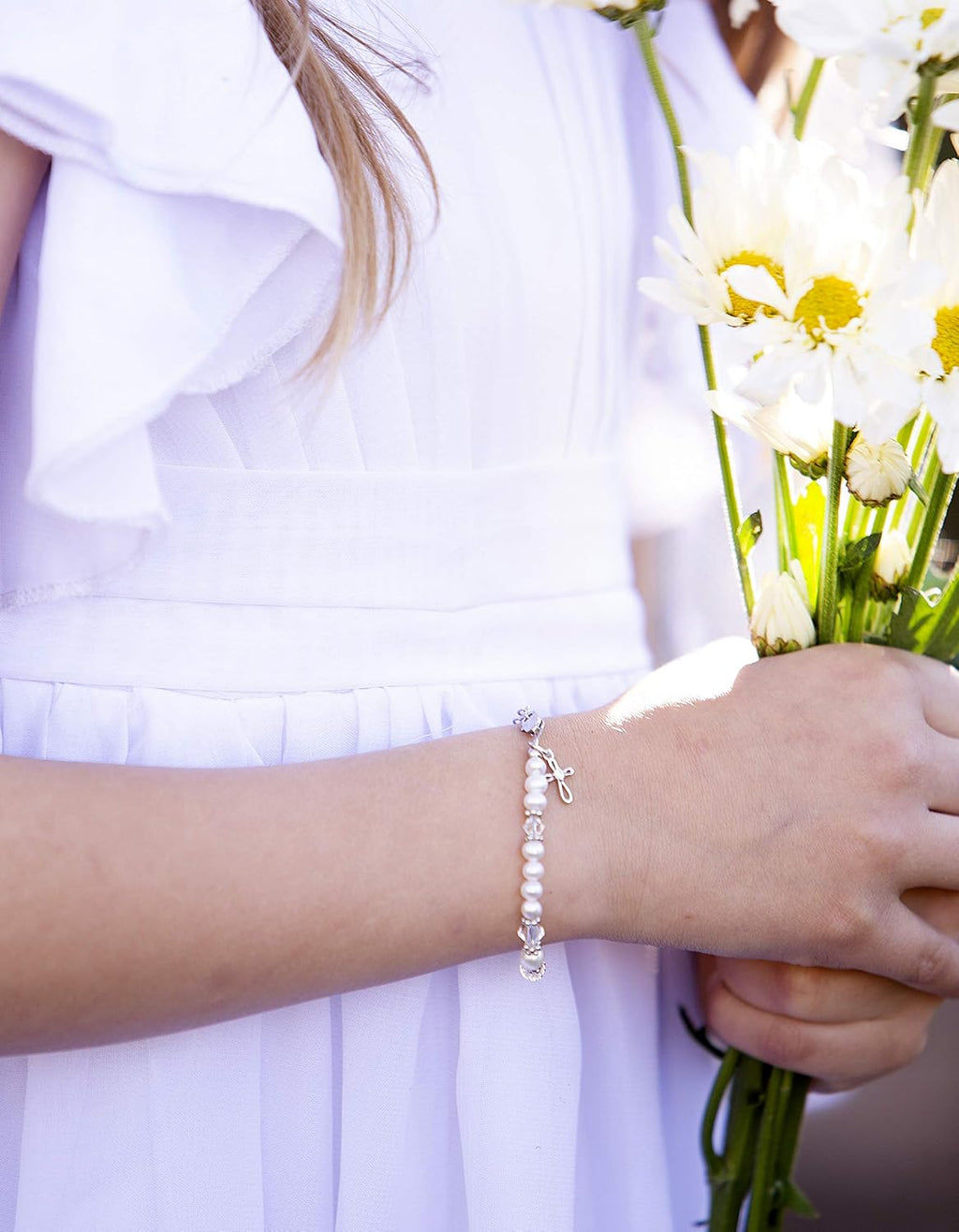 Baptism to Bride Cross Bracelet Gift for Girls in 925 Sterling Silver and Cultured Pearl