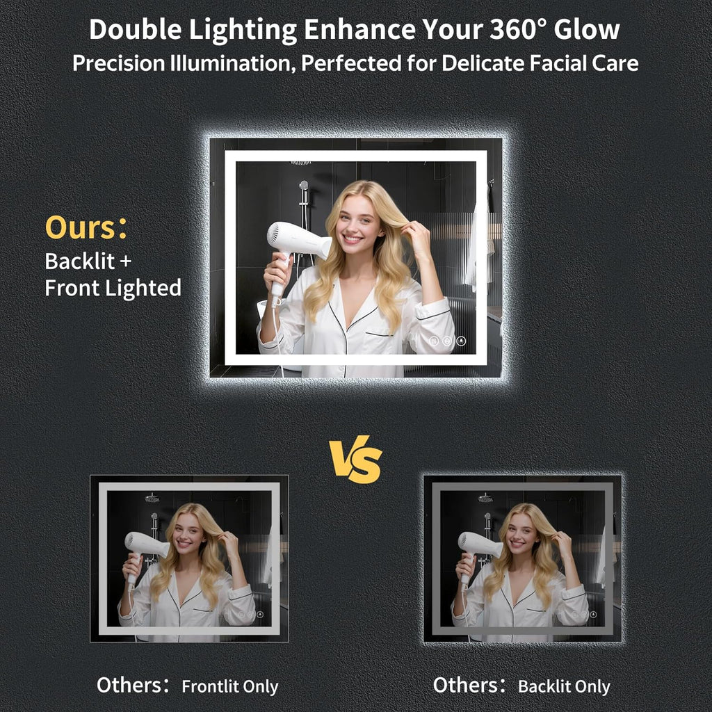 36"x30" LED Bathroom Mirror with Lights, Backlit+Frontlit, Anti-Fog | CRI 95, Stepless Dimmable, 3 Colors Lighting