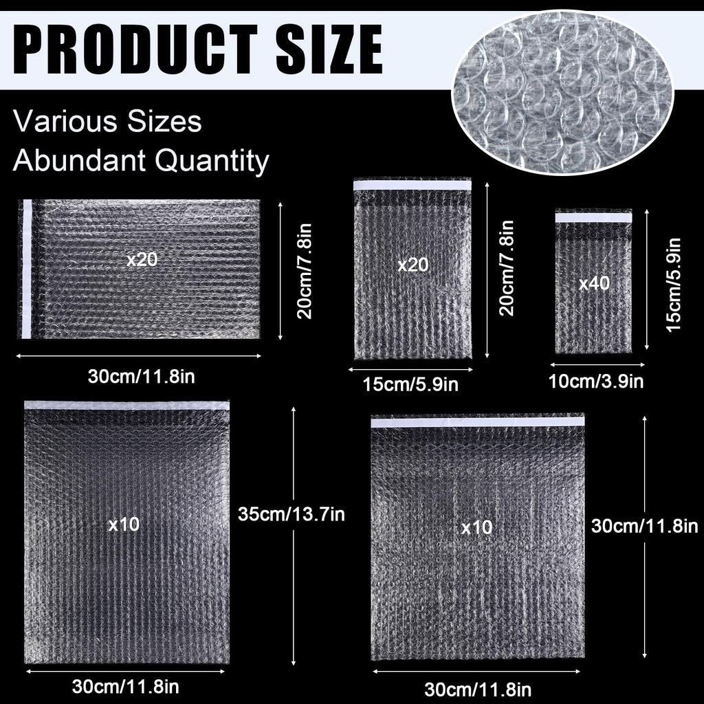 100 Pcs 5 Sizes Clear Bubble Bags Self Adhesive Bubble Cushioned Pouches Double Walled Shockproof Clear Cushioning