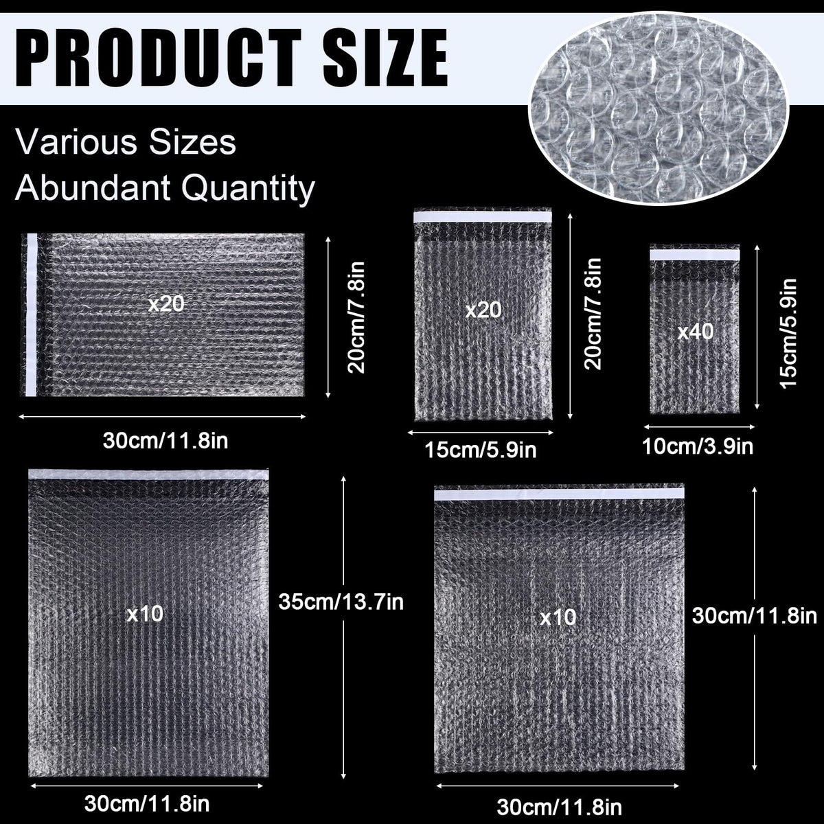 100 Pcs 5 Sizes Clear Bubble Bags Self Adhesive Bubble Cushioned Pouches Double Walled Shockproof Clear Cushioning