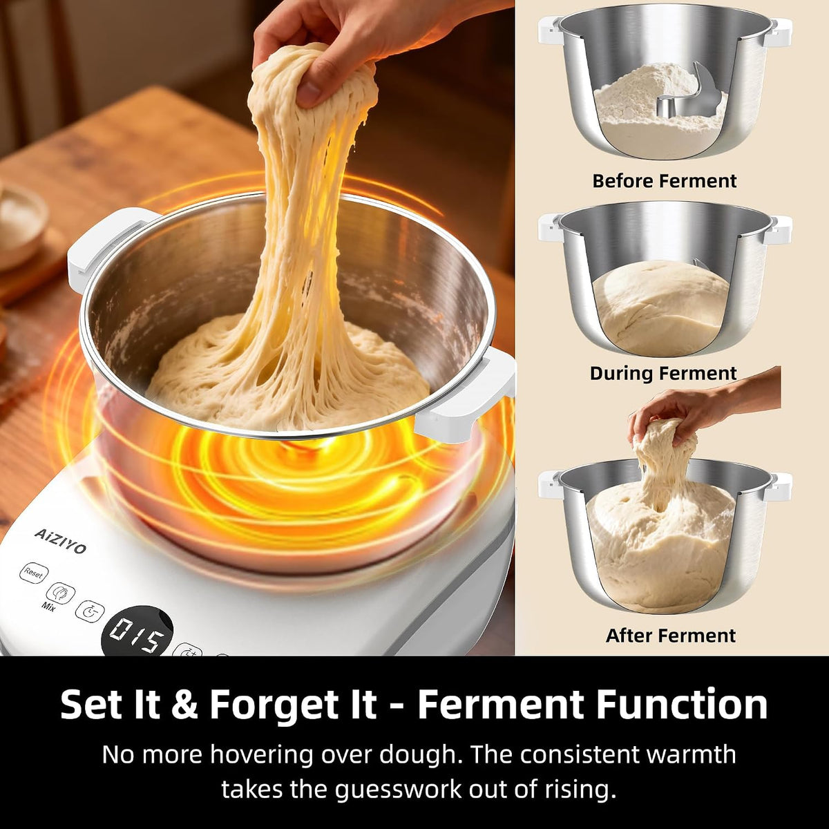 DoughChief, 7.4QT Dough Maker, Dough Mixer with Ferment Function, 304 Stainless Steel Bowl, Removeable lid, Face-up