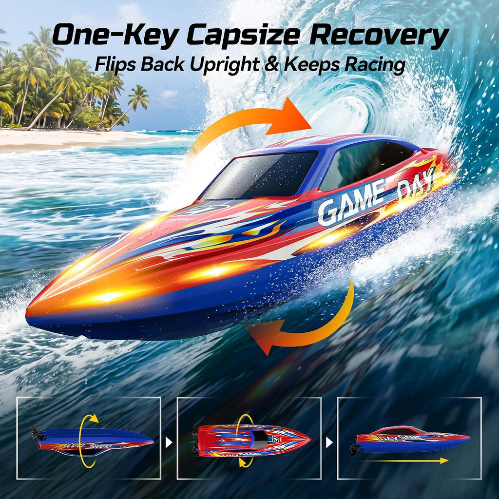 High Speed RC Boat for Kids, 25+KPH, Capsize Recovery, 30 Mins | 2x1300mAh Batteries, Remote Control Boat with LED