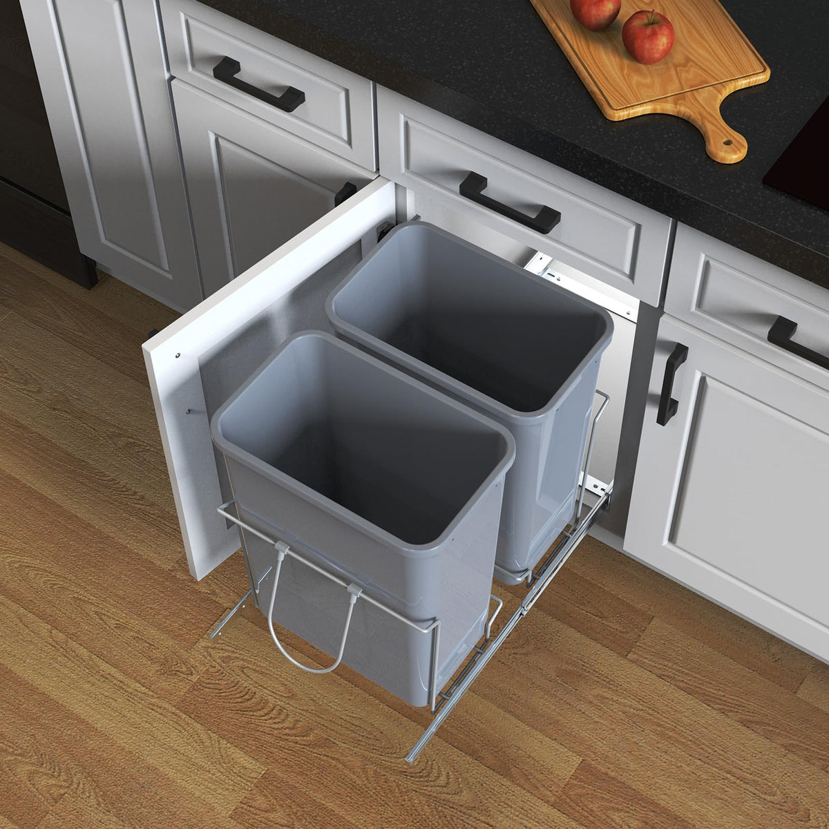 Double Pull-Out Trash Can, 35QT Under-Cabinet Kitchen Bin, Metal Frame, Grey, Fits Above 18” Opening Cabinets