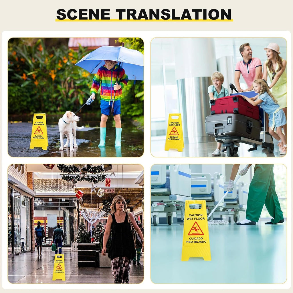12 Pack Caution Wet Floor Sign - 23.62" Wet Floor Double-Sided Cuidado Piso Mojado Foldable Bilingual Alert Sign for