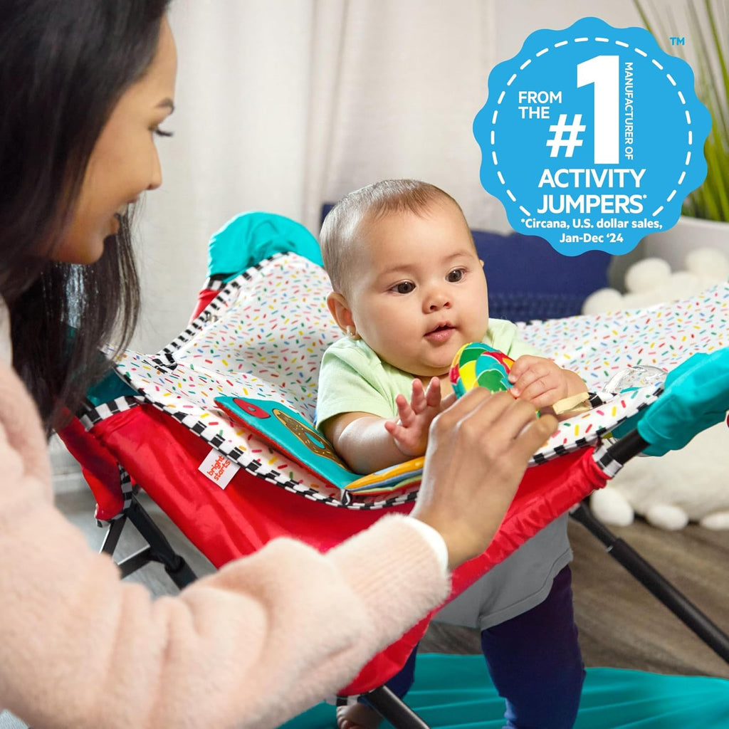 Pop 'N Jump Portable Baby Jumper, Foldable Indoor/Outdoor Baby Jumper with Sweet Treats with Sensory Activities, Ages