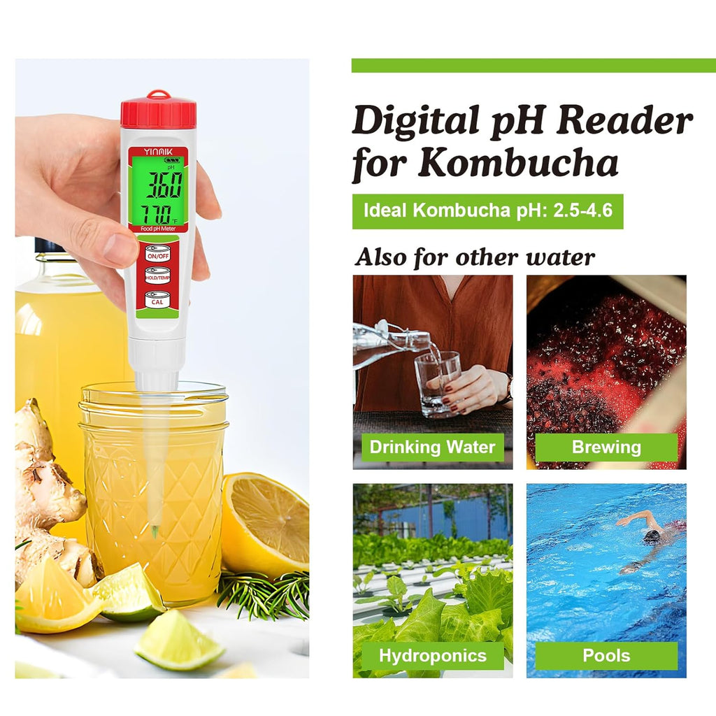 YINMIK Food pH Tester with pH Calibration Storage Solution Digital pH Meter