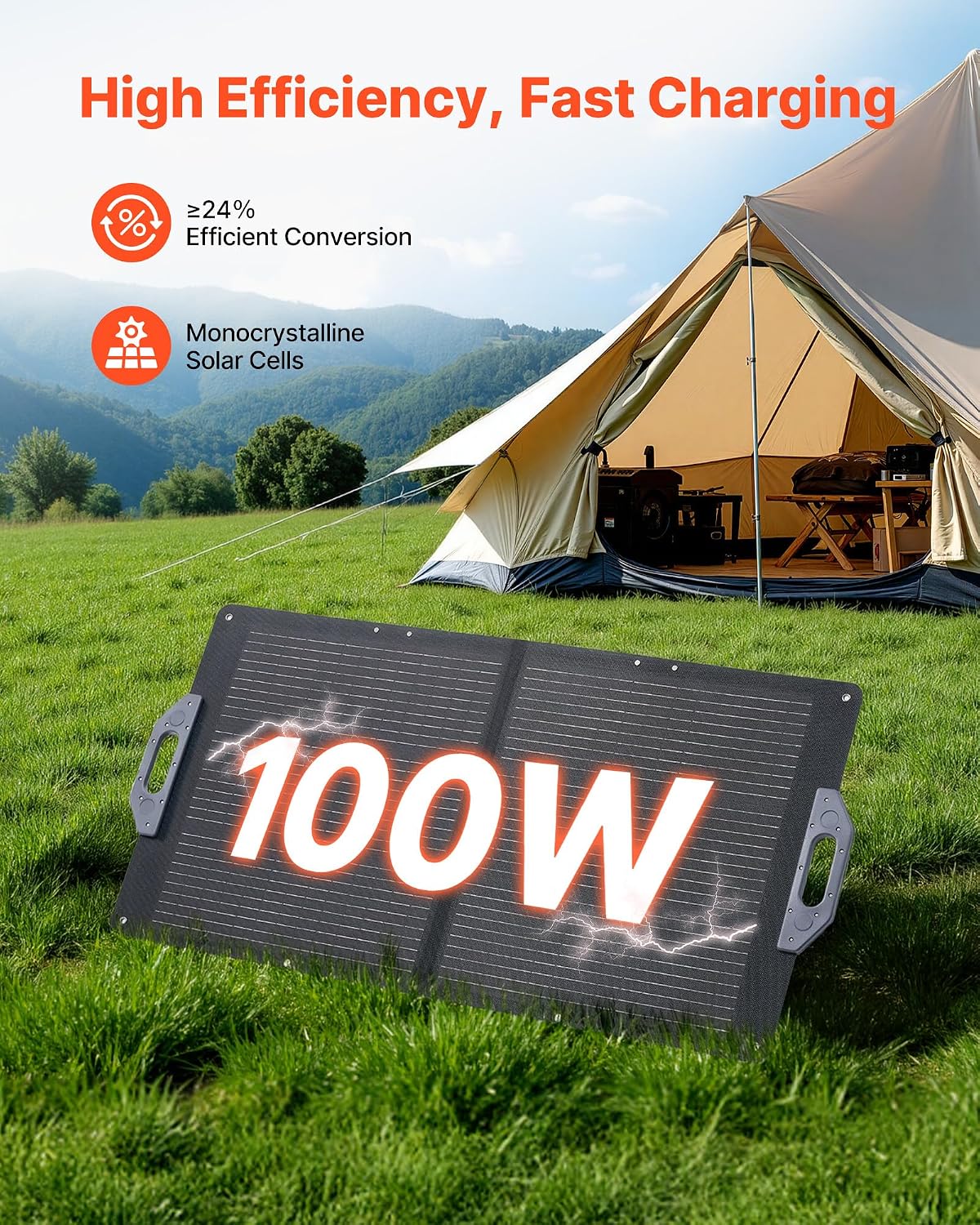 100W Foldable Solar Panel, 24% High-Efficiency Portable Monocrystalline Solar Panel Charger with MC4 Output, USB-A