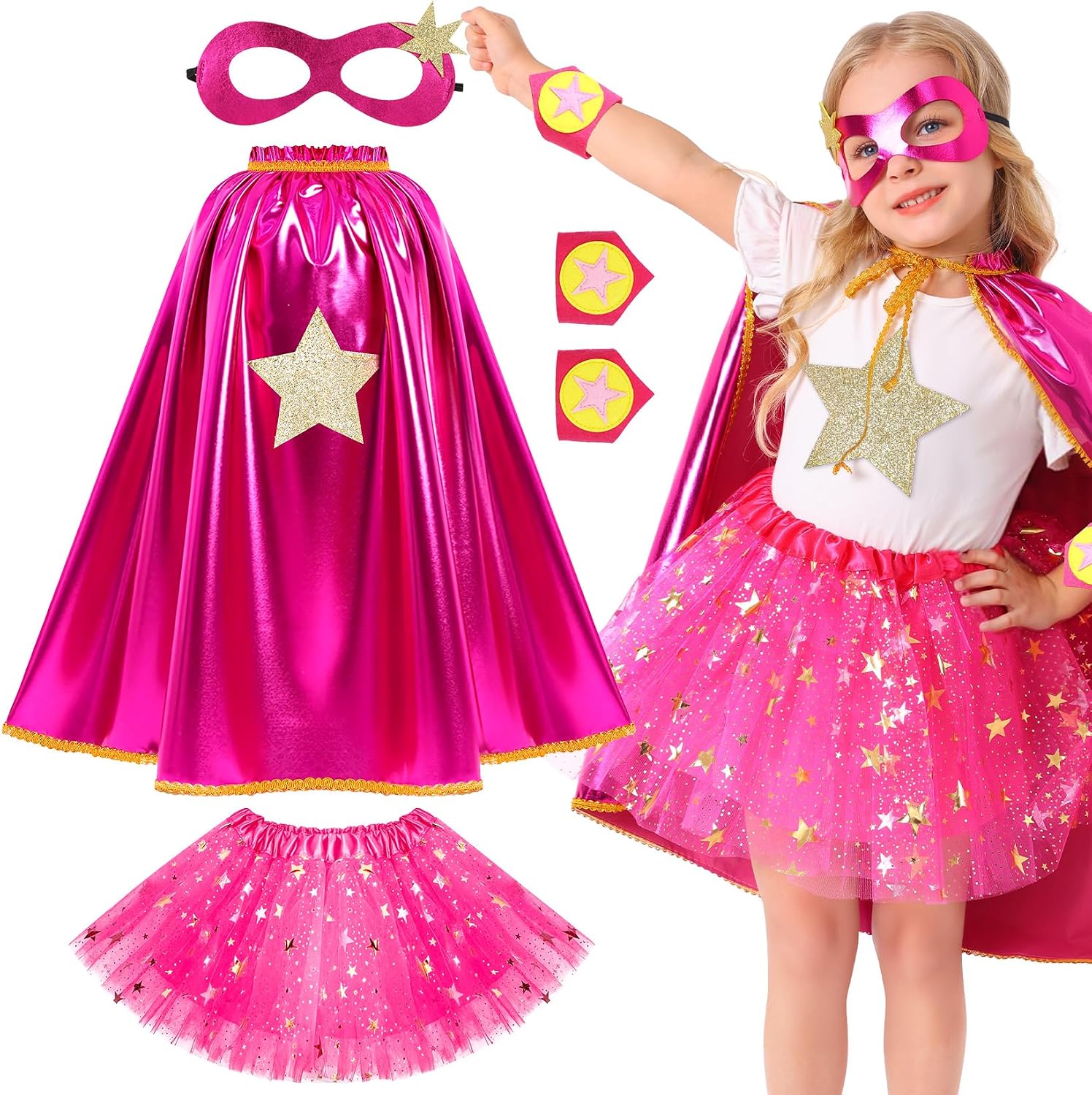 Kids Superhero Cape Tutu Costume Set for Girls Halloween Dress Up Age 3-10 | Includes satin cloak, mask, star cuffs &