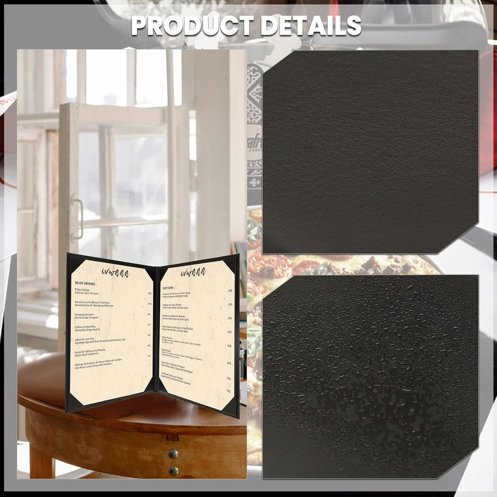 8.5'' x 11'' Menu Covers 6 Pack Black PU Leather Menu Holders Book Style with Angled Corners Double View Menu Sleeves