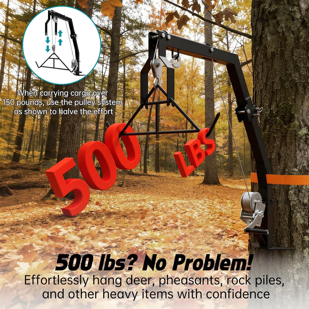 Tree Mounted Deer Hoist with Gambrel - 500lbs Game Hoist with Winch, Ratchet Strap, 23ft Cable, Portable Detachable