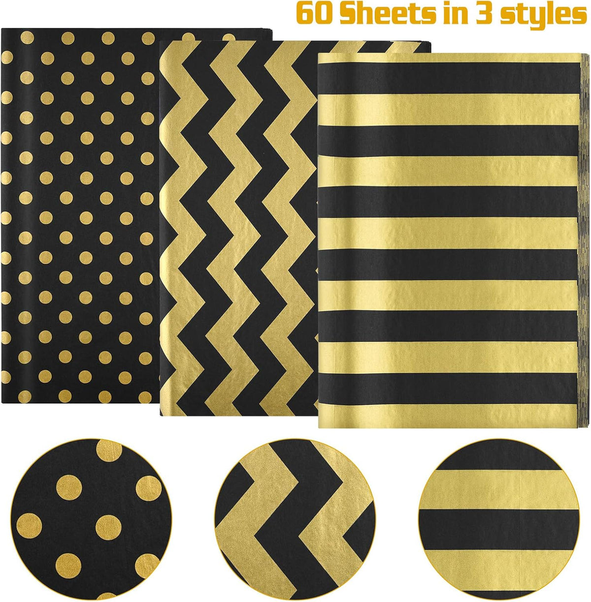 60 Pcs Gold Black Tissue Paper Bulk 3 Style Decorative Metallic Wrapping Paper for Birthday Weddings Christmas Party