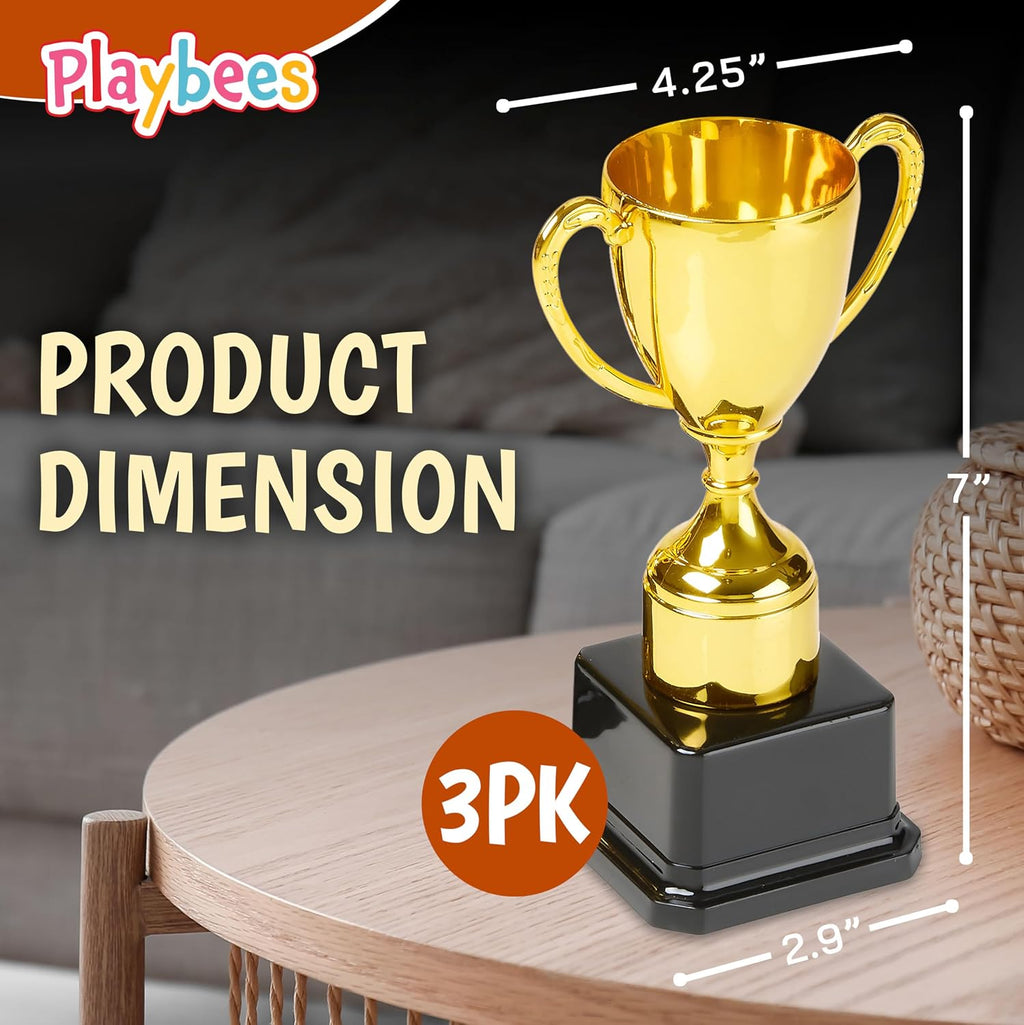 Fun Gold Plastic Trophies - 3 Pack - 7 Inch - Award Trophy Cup Set for Superstar Kids - Champion Celebrations, Sports